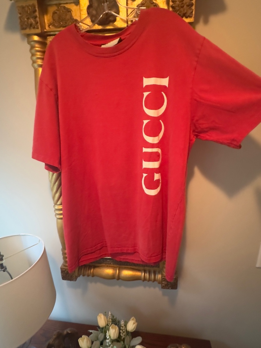 Gucci Red Short Sleeve Tee with White Vertical Logo